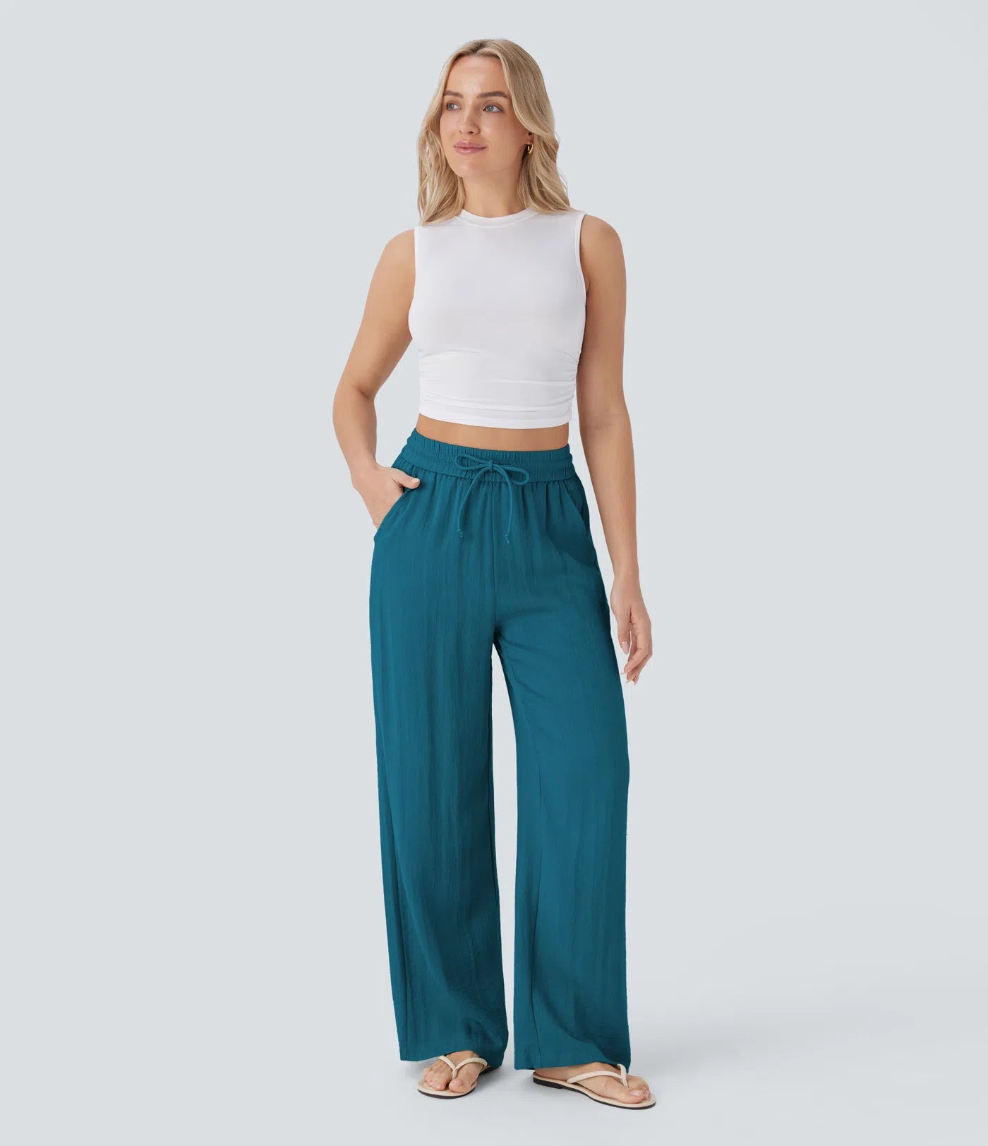 Pantalones Casuales de Cintura Alta con Cordón y Bolsillos, Estilo Lino, Pierna Ancha