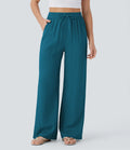 Pantalones Casuales de Cintura Alta con Cordón y Bolsillos, Estilo Lino, Pierna Ancha