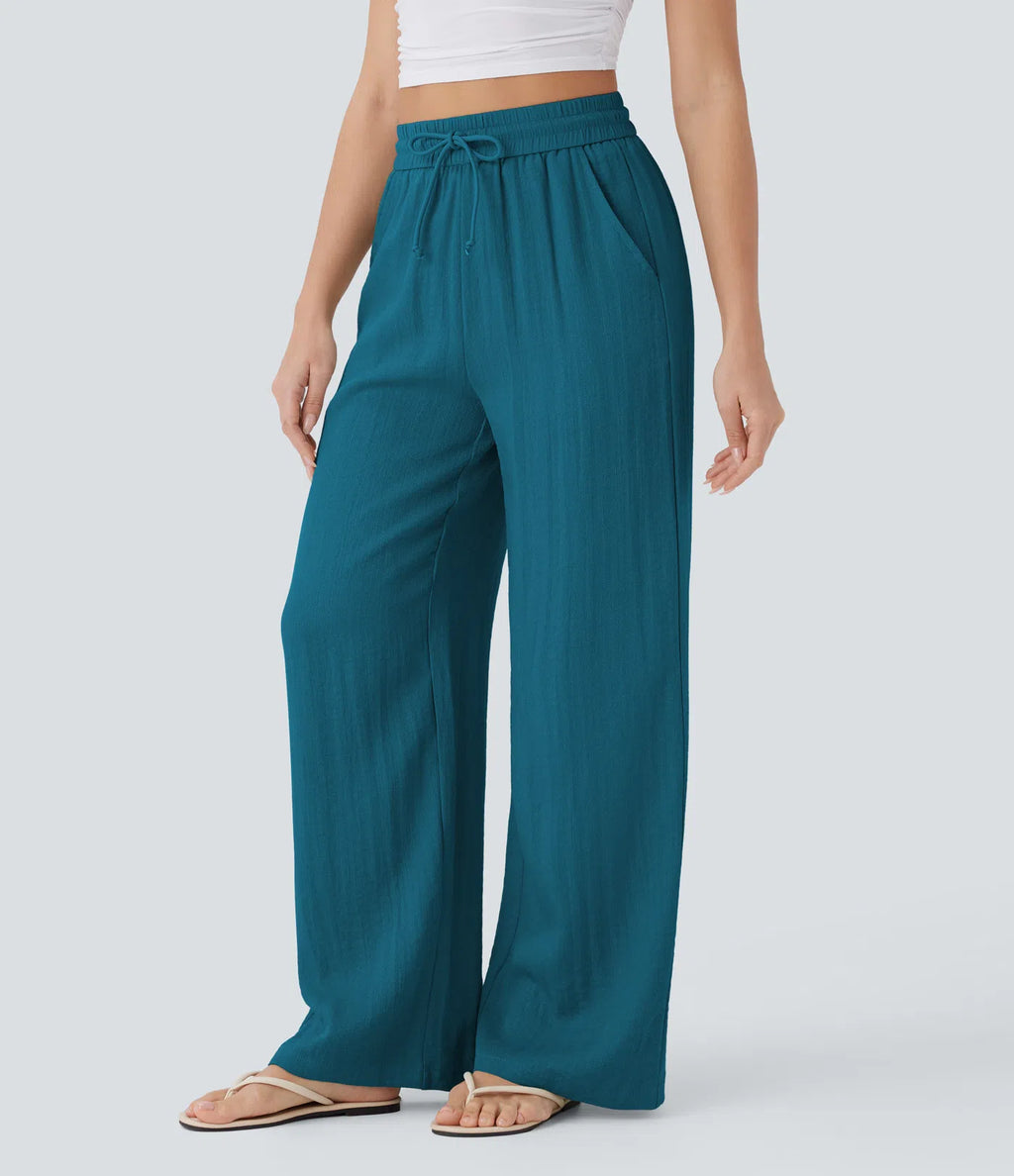 Pantalones Casuales de Cintura Alta con Cordón y Bolsillos, Estilo Lino, Pierna Ancha